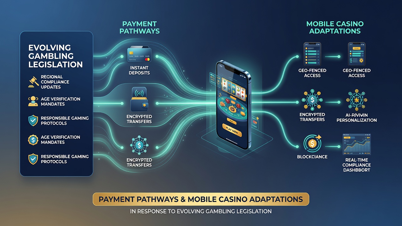 Infographic illustrating mobile casino payment adaptations and regulatory compliance pathways